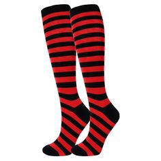 Striped Knee-high Winter Socks, Knee-high Striped Winter Socks, Red Stretch Thigh-high Socks, Red Knee-high Stockings For Winter, Casual Red Knee-high Socks, Fitted Red Knee-high Socks, Trendy Fitted Red Socks, Trendy Red Hosiery For Winter, Casual Red Stretch Knee-high Socks