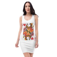 a women's white dress with an image of a woman wearing a card suit