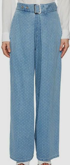 $1195 Limi Feu Women's Blue Polka-Dot Cotton Belted Wide-Leg Denim Jeans Pants S Description Limi Feu is the daughter of legendary designer Yohji Yamamoto, and while there are some distinct aesthetic similarities (dark colors, asymmetry), ultimately he's a bit more of a romantic, and she's a little bit more streetwise and rock 'n roll. Take your style outside the box wearing the Limi Feu Belt Tuck Layered Front Denim. Fitted waist. Belt loop. Four-button closure with attached adjustable waist be Limi Feu, Blue Polka Dots, Yohji Yamamoto, Wide Leg Denim, Jeans Pants, Denim Jeans, Pajama Pants, Wide Leg, Polka Dots