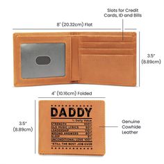 Funny Gift for Dad, Looking for a thoughtful and attractive gift for that special man in your life? Our Graphic Leather Wallet is the way to go! This handsome bifold wallet exterior is made of the highest quality genuine full grain cowhide. It's recognized for its amazing feel and appearance. Both durable and smooth, the wallet's warm brown color will take on a rich, vintage look, getting better with time and use. The unique design is vibrantly printed on the front and carefully shipped in a han Father's Day Bifold Wallet With Card Slots, Father's Day Rectangular Wallets With Card Slots, Bifold Wallets With Id Window As Gift, Bifold Wallet With Id Window As Gift, Bifold Wallets For Father's Day, Classic Trifold Wallet For Father's Day And Everyday Use, Brown Trifold Wallet For Father's Day, Rectangular Wallets With Interior Card Slots For Father's Day, Classic Trifold Wallet For Everyday Use And Father's Day