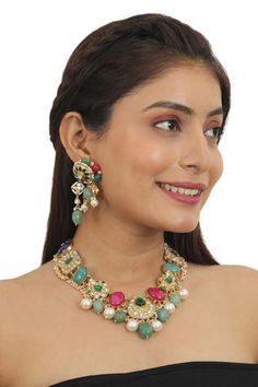 Shop for Riana Jewellery Stone Carved Necklace Jewellery Set Online at Aza Fashions Jewellery Set Gold, Carved Necklace, Dangler Earrings, Jhumka Earrings, Stone Studs, Mix Color, Jewellery Set, Buy Gold, Jewellery Sets