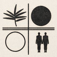 a black and white drawing of two people standing in front of a circle, palm tree, and round object