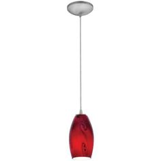 a red glass light hanging from a ceiling