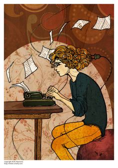 a woman sitting at a table with an old typewriter and papers flying around her