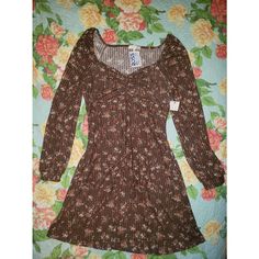 Size L. New With Tags.. I Received This As A Gift & Didn't Like How It Looked On Me. Super Cute Casual Winter Mini Dress With Floral Print, Casual Winter Floral Print Mini Dress, Fitted Floral Print Mini Dress For Winter, Casual Floral Print Mini Dress For Fall, Brown Fitted Floral Print Mini Dress, Fitted Brown Mini Dress With Floral Print, Fitted Floral Print Brown Mini Dress, Silver Metallic Dress, Floral Shirt Dress