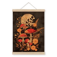 a painting with mushrooms and flowers in front of a full moon on a black background