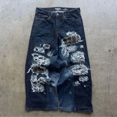 Y2k Custom Upcycled Baggy Distressed Dark Wash Flannel Jeans Bundle 4 Deals Size 34x30, $7.99 Shipping, Brand Is Denzien / Levis 100% Custom Done Distressing, Flaring, & Patchwork On This Piece, All Flaws Are Intentional Fit On This Is Insane, Hella Baggy Like Balenciaga / Jaded London Shi, Thigh - 14in Knee - 14in Waist - 34in Inseam - 29.5in Leg Open - 12.5in Front Rise - 14in Up Cycle Pants Men, Upcycled Pants, Flannel Jeans, Patchwork Flannel, Jaded London, Jeans Y2k, Baggy Jeans, Design Inspo, Colored Jeans