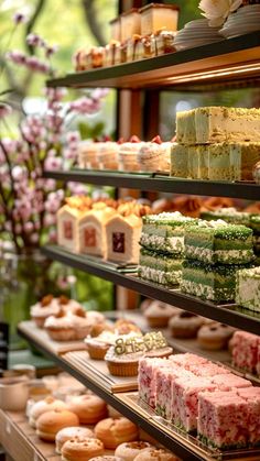 a display case filled with lots of different types of cakes and pastries on shelves