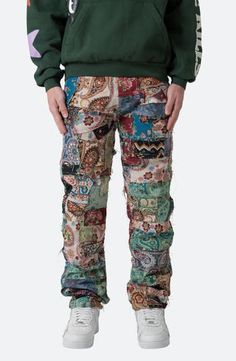 Multicolor Straight Leg Patchwork Pants, Multicolor Straight Leg Pants With Patchwork, Multicolor Patchwork Straight Leg Pants, Multicolor Patchwork Straight Leg Bottoms, Multicolor Straight Leg Bottoms With Patchwork, Multicolor Patchwork Relaxed Fit Bottoms, Multicolor Cotton Pants With Patch Pockets, Patterned Relaxed Fit Bottoms With Pockets, Straight Leg Bottoms With Patches For Fall