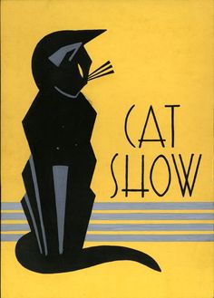 a black cat sitting on top of a yellow book with the words cat show written below it