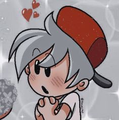 a drawing of an older woman with grey hair and red hat holding a donut