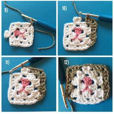 four pictures show how to crochet the square