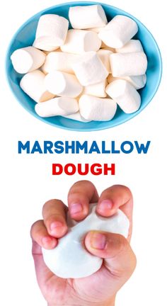 marshmallows in a blue bowl on top of a white background with the words dough