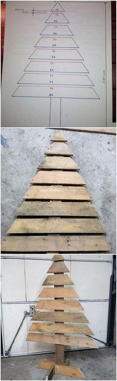 the steps to make a wooden christmas tree out of pallets