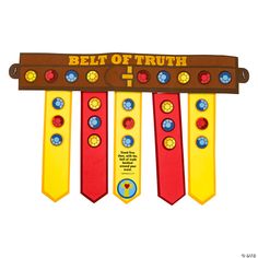 the belt of truth is on display in front of a white background with red, yellow and blue ties