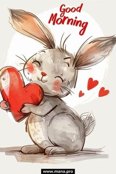 a drawing of a bunny holding a heart with the words good morning written on it