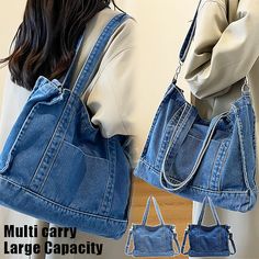 Women's Crossbody Bag Tote Shoulder Bag Canvas Tote Bag Denim Outdoor Daily Holiday Zipper Large Capacity Lightweight Durable Solid Color Light Blue Navy Blue 2024 - $22.99 Diy Sac En Jean, Old Jeans Bag, Bag From Jeans, Sewing Tote Bags, Jean Tote Bag, Denim Bags From Jeans, Jeans Tote Bag, Recycled Denim Bags, Jean Bag