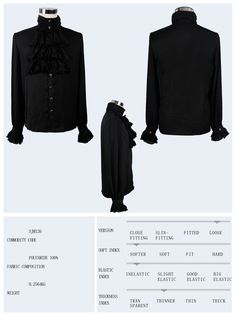 Gothic Chiffon Men Classic Black Shirt Black Gothic Blouse For Formal Occasions, Gothic Formal Tops With Ruffles, Gothic Formal Tops For Fall, Black Gothic Shirt For Fall, Formal Gothic Long Sleeve Blouse, Long Sleeve Gothic Blouse For Formal Occasions, Elegant Fitted Halloween Blouse, Elegant Halloween Fitted Blouse, Elegant Halloween Party Tops