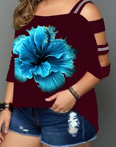 Print Floral Cold Shoulder 3/4 Sleeves Casual Plus Size T-shirts Summer Half-sleeve Printed Tops, Summer Half Sleeve Printed Tops, Printed Half Sleeve Tops For Summer, Fall Graphic Print Half-sleeve Tops, Casual 3/4 Sleeve Summer T-shirt, Casual Printed Tops With 3/4 Sleeve, Casual Printed Top With 3/4 Sleeves, Red Half-sleeve Summer T-shirt, Summer 3/4 Sleeve Tops With Graphic Print