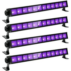 three rows of purple led lights on black stands