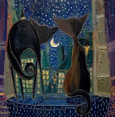 two cats looking at each other in front of a night sky with stars and moon