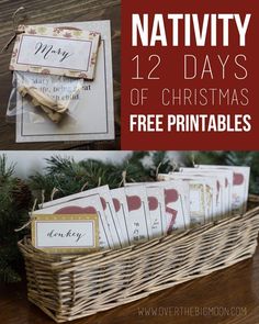 a basket filled with christmas cards on top of a wooden table