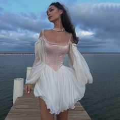 Sonicelife Summer new style small fragrance elegant slim satin waist wooden ear long sleeve dress female party dress club clothing White Ball Gown, Beach Party Outfits, White Ball Gowns, Pink Party Dresses, Grunge Dress, Summer White, Suspender Dress, Long Puff Sleeves, Club Dresses