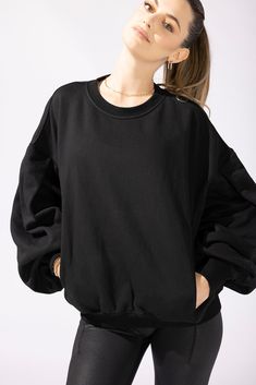 Your perfect crewneck has entered the chat. Meet the Brunch Sweater — effortless, yet put together. Pairs well with cozy mornings, your daily matcha latte, and close friends.Our fav feature: the incognito side pockets. Brunch Sweater, Cozy Mornings, Skin Care Kit, Close Friends, Matcha Latte, Cleanser And Toner, Black Sweaters, Face And Body, Capsule Wardrobe