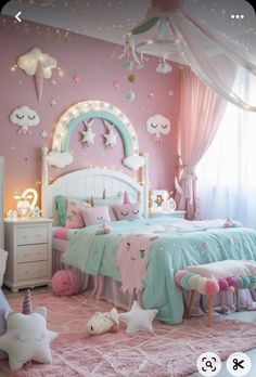 a pink and blue bedroom with unicorn decorations