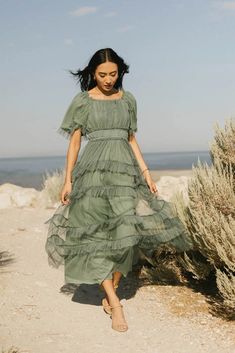 Sheer dress in teal Apostolic Outfit Ideas, Flowy Bridesmaid Dresses, Corpse Flower, Airbnb Wedding, Cream Midi Dress, Maxi Outfits, Banquet Dresses, Tiered Skirts, Denim Accessories