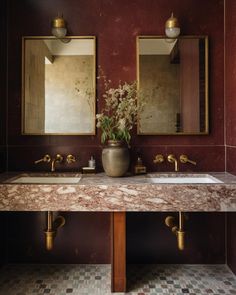 two sinks in a bathroom with mirrors above them and plants on the counter top next to them