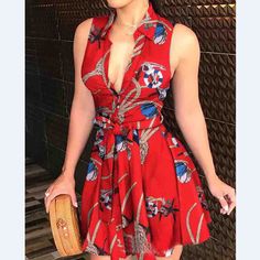 Material: Polyester Gender: Women Item Type: Dress Sleeve Length: Sleeveless Color: Red Size: S,M,L,XL Tie Waist Shirt, African Skirts, Sleeveless Shirt Dress, Dress Sleeve Length, Dresses By Length, Everyday Dresses, Plaid Print, Printed Mini Dress, Belted Dress