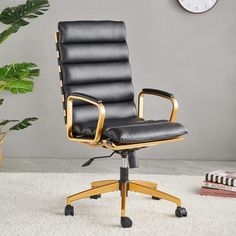 a black leather office chair sitting on top of a white rug next to a clock