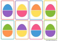 four squares with different colored shapes in the middle and one has an egg on it