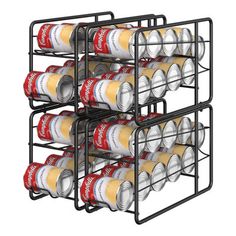 four tiered rack holding cans of soda