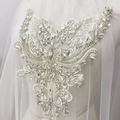 Deluxe Rhinestone Bead Bridal Bodice Applique in Crystal Silver,Clear Crystal Applique for Wedding G Luxury Wedding Appliques Embellishments, Luxury Wedding Dress With Crystal Embellishments And Fitted Bodice, Luxury Fitted Wedding Dress With Crystal Embellishments, Luxury Women's Wedding Bodice, Rhinestone Wedding Dress Embroidery, Luxury Boned Bodice For Wedding, Pola Payet, Bead Applique, Queen Of France