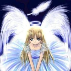 an angel with blue eyes and white wings