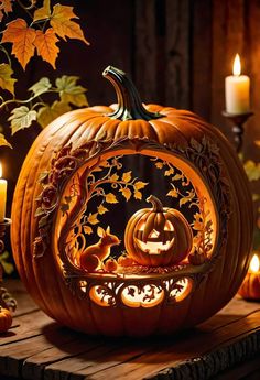 a carved pumpkin sitting on top of a wooden table