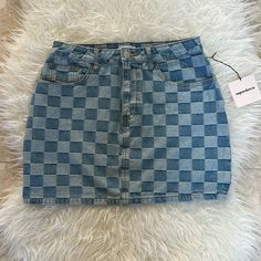 Superdown Denim Checkered Skirt Size Medium Brand New With Tags Great Quality Denim 100% Cotton Casual Plaid Mini Skirt For Spring, Casual Cotton Plaid Skirt, Casual Plaid Mini Bottoms, Casual High Waist Plaid Mini Skirt, Casual Plaid Cotton Mini Skirt, Trendy High Waist Plaid Mini Skirt, Plaid Mini Skirt Denim, Plaid Cotton Mini Bottoms, Fitted Blue Patchwork Mini Skirt