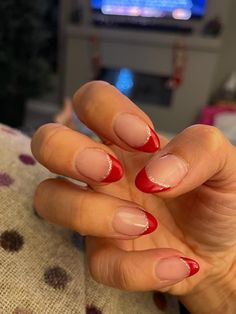 Hoco Nails For A Red Dress, Short Tip Christmas Nails, Red And White Tips Nails, Short Almond French Tip Nails Christmas, Red French Tip With Glitter Line, White And Red Nails French Tip, Ted French Tips Nails, Christmas Nails Basic Short, Simply Christmas Nail Designs