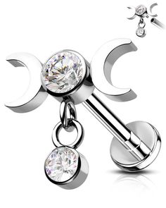 a pair of dangling belly rings with an upside down diamond on the top and bottom