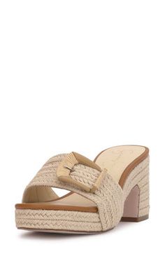 An oversized buckle details the vamp of an espadrille-inspired slide sandal lifted by a jute-wrapped platform and block heel. 3" heel; 3/4" platform Textile upper/synthetic lining/rubber sole Imported The Vamp, Espadrilles Platform, Platform Slides, The Vamps, Sandal Women, Jessica Simpson, Slide Sandals, Block Heels, Rubber Sole