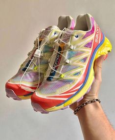 Spring shoes, running shoes, Salomon, rainbow shoes, colorful, summer shoes, workout shoes, gym shoes, gym aesthetic, salomon xt6 outfit. #streetwear #aesthetic #shoes #running #fashion #atheleticshoes #summerfashion #shoes2024 #trendyshoes2024 Colorful Gym Outfit, Xt6 Outfit, Salomon Xt6 Outfit, Close Calls, Shoes Colorful, Salomon Shoes, Gym Aesthetic, Rainbow Shoes, Outfit Streetwear