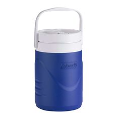 a blue and white insulated beverage cooler