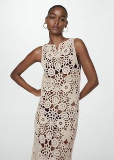 100% cotton crochet dress - Women | Mango USA Summer Cotton Crochet Lace Dresses, Summer Cotton Dresses With Crochet Lace, Chic Crochet Summer Dresses, Sleeveless Crochet Lace Dress For Summer, Chic Summer Dresses With Crochet Lace, Elegant Sleeveless Crochet Top For Beach, Elegant Summer Crochet Dress In Cotton, Chic Sleeveless Dresses With Crochet Trim, Sleeveless Crochet Trim Dress For Summer