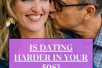 a man and woman kissing in front of a sign that says is dating harder in your 50s?