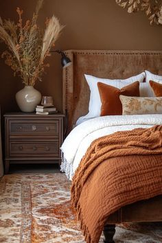 #homedecor, #interiordesign, #homedesign, #decor inspiration ,#homeinterior ,#earthydecor ,#christmasroom Rust Guest Bedroom, Autumn Bedroom Ideas Cozy, Soft Goth Autumn Bedroom, Autumn Colour Bedroom, Cozy Bedroom Color Palette Ideas, Fall Inspired Bedroom, Burnt Orange Bedroom Ideas, Autumnal Bedroom, Fall Home Screen