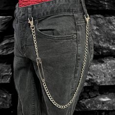 This wallet chain features a chunky curb style chain with a large safety pin On either end are swivel lobster clasps for easy connection to belt loops  Total wallet chain length end to end is approximately 22" Chain width is approximately 10mm and safety pin measures 2.75" long Silver plated metals  Handmade with love 🖤 Chain Pants, Jeans Chain, Pant Chains, Mens Pendant, Unisex Accessories, Wallet Fashion, Wallet Chain, Chains For Men, Leggings Shop