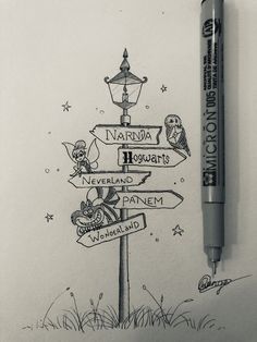 a pencil drawing of a sign post with many different signs on it and a lamppost in the background