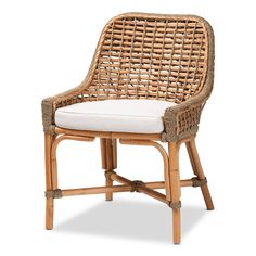 a wicker chair with a white cushion on top of it's back legs